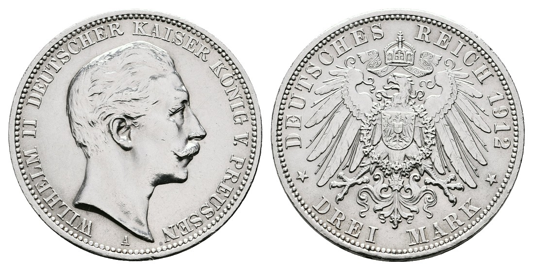  Linnartz KAISERREICH Preussen Wilhelm II. 3 Mark 1912 ss+   