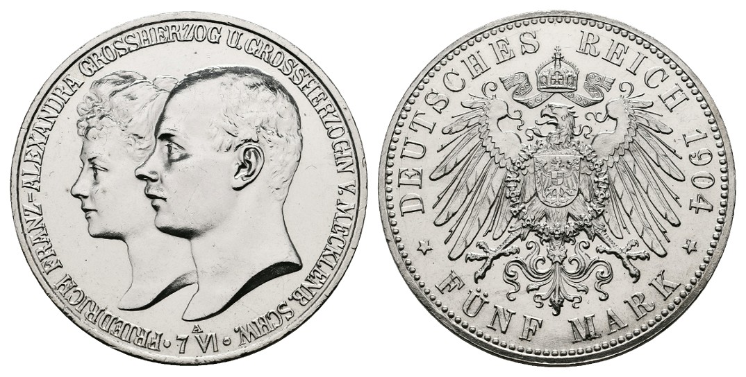  Linnartz KAISERREICH Mecklenburg-Schwerin Friedrich Franz IV. 5 Mark 1904 A Zur Hochzeit kl. Rdf. vz   