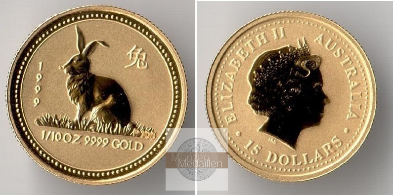 Australien 15 Dollar MM-Frankfurt Feingewicht: 3,11 g Gold Jahr des Hasens Lunar I 1999 