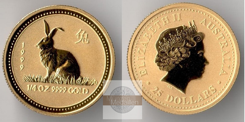 Australien 25 Dollar MM-Frankfurt Feingewicht: 7,78 g Gold Jahr des Hasens Lunar I 1999 