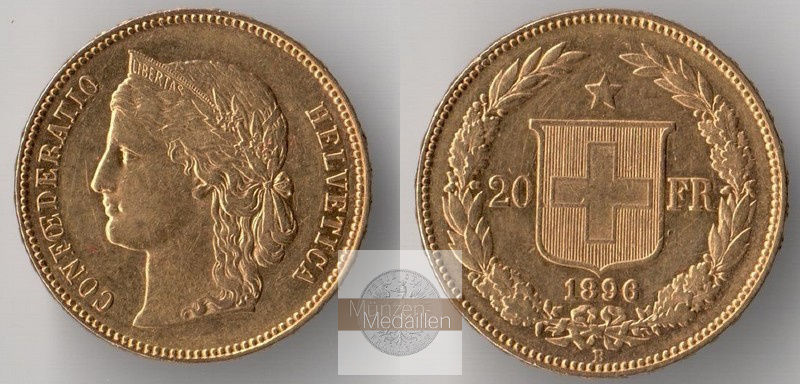 Schweiz  20 FR  1896 B MM-Frankfurt Feingold: 5,81g Helvetia  