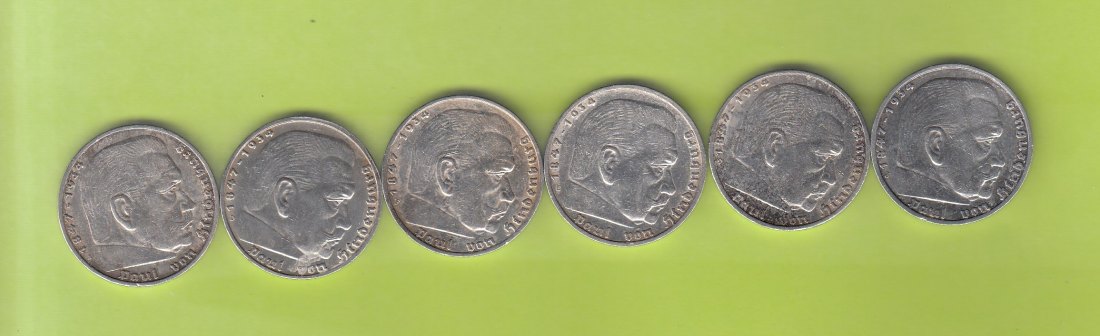 T 089 - 3. Reich - 5 Mark 1936 A ,1936 D ,1936 E ,1936 F ,1936 G ,1936 J - siehe Scan