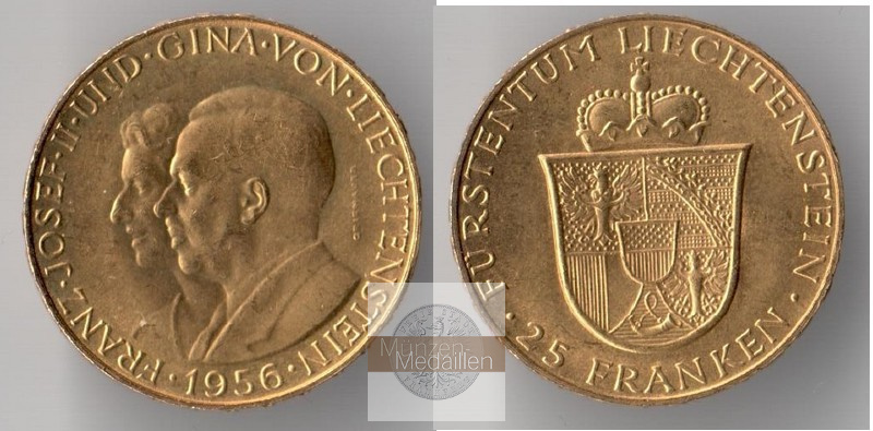 Liechtenstein MM-Frankfurt Feingewicht: 5,085g Gold 25 Franken Prince Franz Josef II 1956 