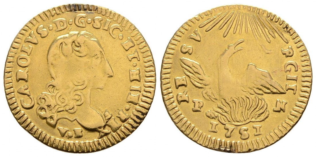 PEUS 3036 Italien, Palermo 4,27 g. Carlo di Borbone (1734-1759) Oncia GOLD 1751 Henkelspur, schön
