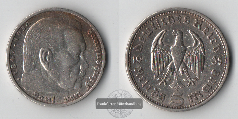  BRD, Drittes Reich 5 Reichsmark  1935 A  Paul von Hindenburg   FM-Frankfurt  Feinsilber: 12,50g   