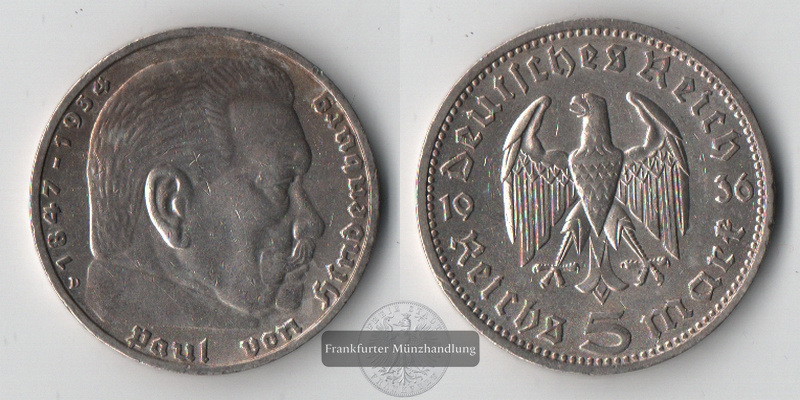  BRD, Drittes Reich 5 Reichsmark  1936 D  Paul von Hindenburg   FM-Frankfurt  Feinsilber: 12,50g   