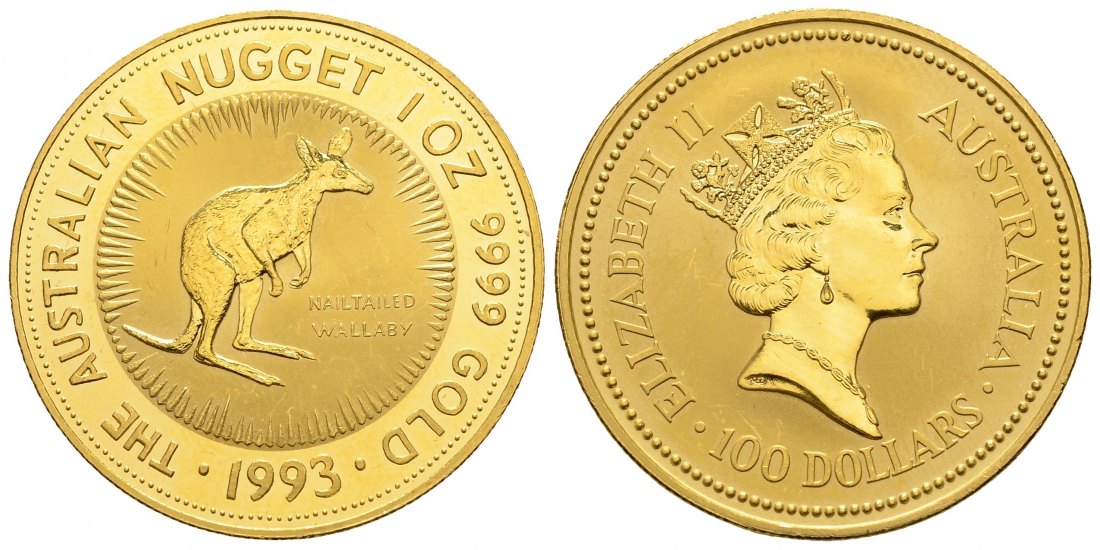 PEUS 3041 Australien 31,1 g Feingold. Nagelkänguru 100 Dollars GOLD Unze 1993 Kl. Kratzer, fast uncirculated