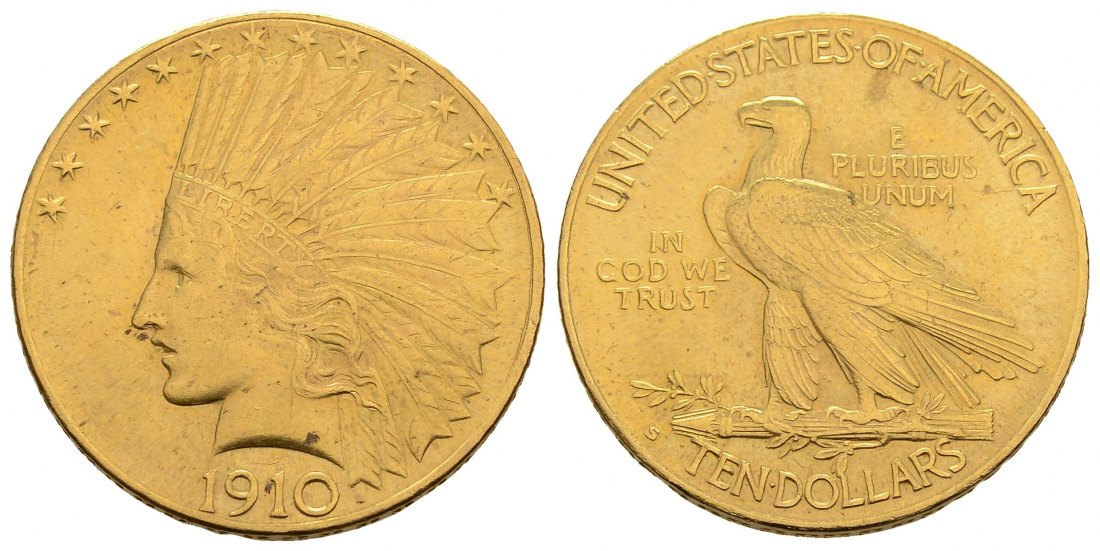 PEUS 3042 USA 15,05 Feingold. Indian Head 10 Dollars GOLD 1910 S Sehr schön +