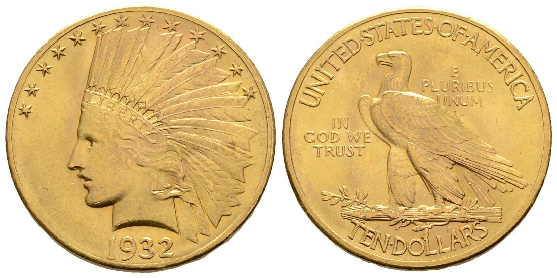 PEUS 3043 USA 15,05 Feingold. Indian Head 10 Dollars GOLD 1932 Kl. Kratzer, Sehr schön +