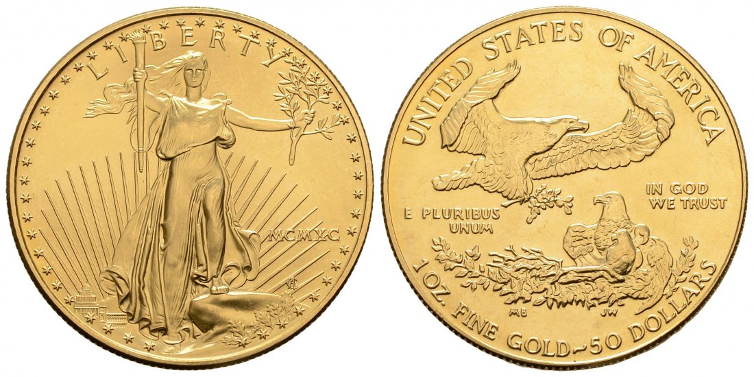 PEUS 3044 USA 31,1 Feingold 50 Dollars GOLD Unze 1990 Kl. Kratzer, fast Stempelglanz