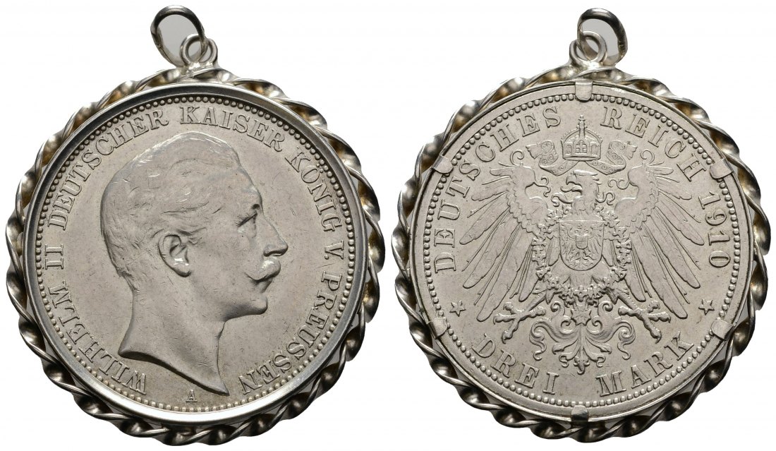 PEUS 3046 Kaiserreich - Preußen Kaiser Wilhelm II. (1888 - 1918) 3 Mark 1910 A Gefasst mit Henkel, Sehr schön