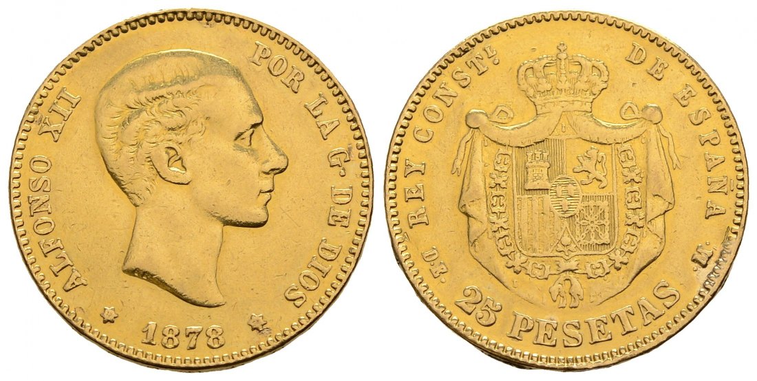 PEUS 3049 Spanien 7,26 g Feingold. Alfons XII. (1874 - 1885) 25 Pesetas GOLD 1878 (18.78) Fassungsspuren, fast Sehr schön