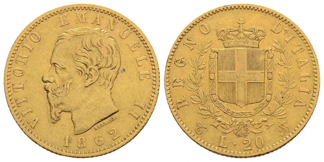 PEUS 3051 Italien Königreich 5,81 g Feingold. Vittorio Emanuelle II. (1861 - 1878) 20 Lire GOLD 1862 T BN Sehr schön
