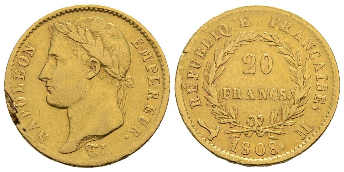 PEUS 3054 Frankreich 5,81 g Feingold. Napoleon I. (1804 - 1814) 20 Francs GOLD 1808 M Toulouse Randfehler, fast Sehr schön