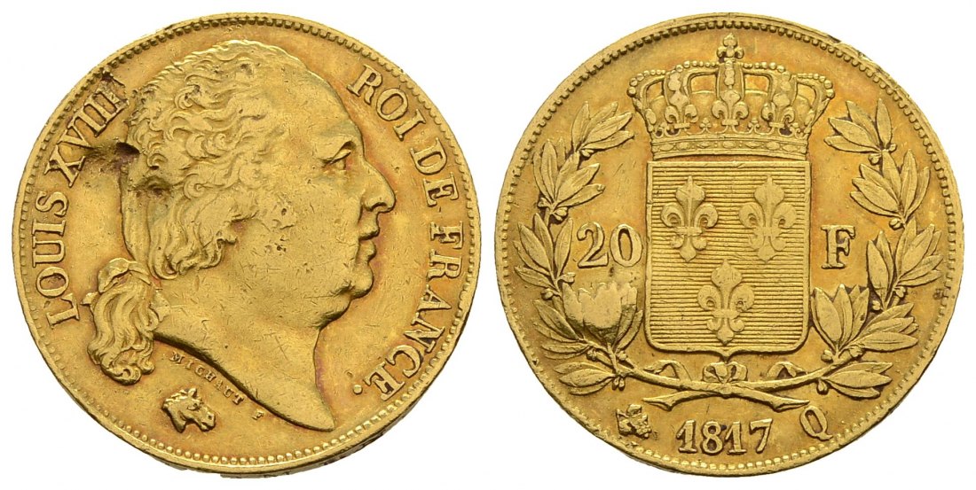 PEUS 3055 Frankreich 5,81 g Feingold. Ludwig XVIII. (1815 - 1824) 20 Francs GOLD 1817 Q Perpignan Einhieb, Randfehler, Fast sehr schön