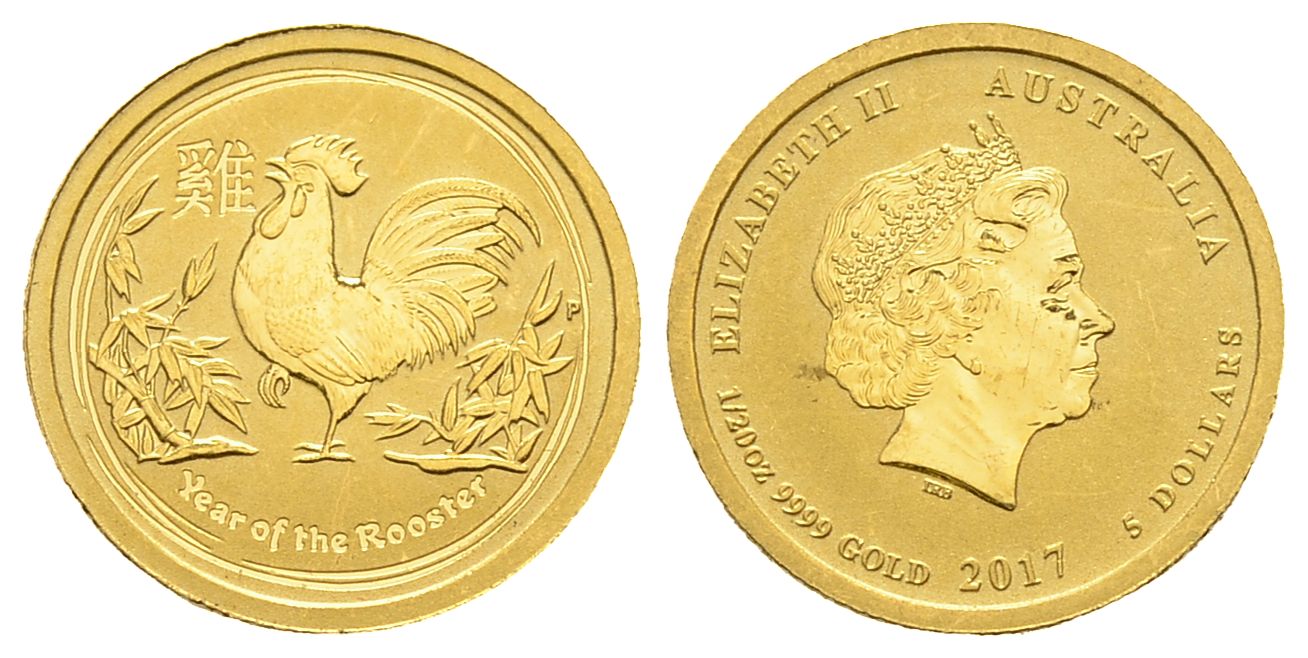 PEUS 3056 Australien 1,56 g Feingold. Jahr des Hahns 5 Dollars GOLD 1/20 Unze 2017P Kl. Kratzer, vorzüglich