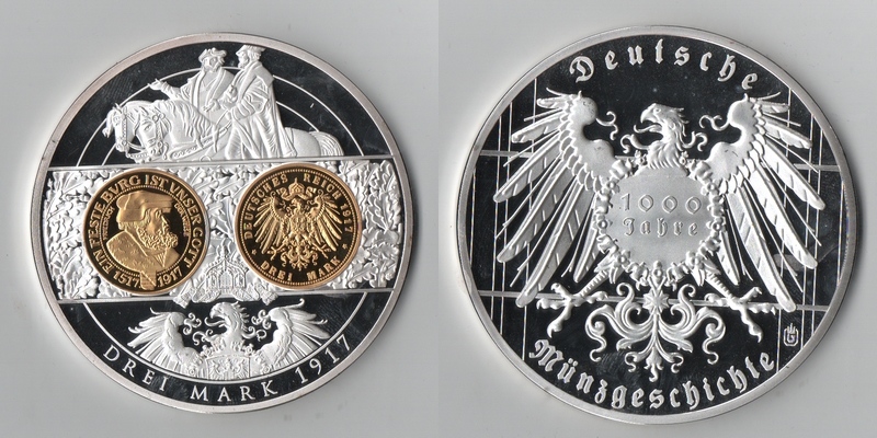  Deutschland,  Medaille (Gigant) 3 Mark 1917 - 1000 Jahre Dt. Münzgeschichte FM-Frankfurt   
