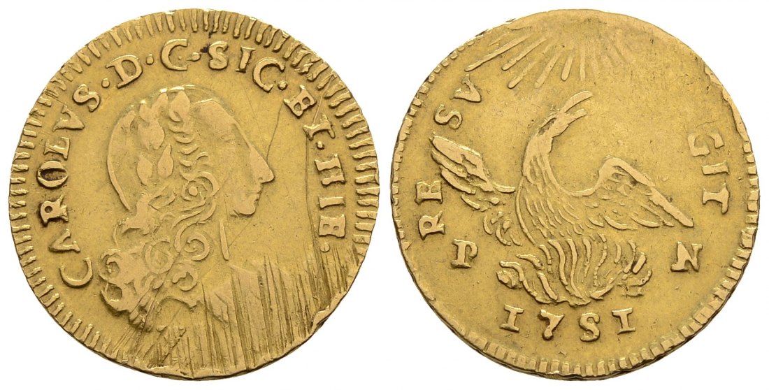 PEUS 3061 Italien, Palermo 4,41 g. Carlo di Borbone (1734-1759) Oncia GOLD 1751 Kratzer, schön