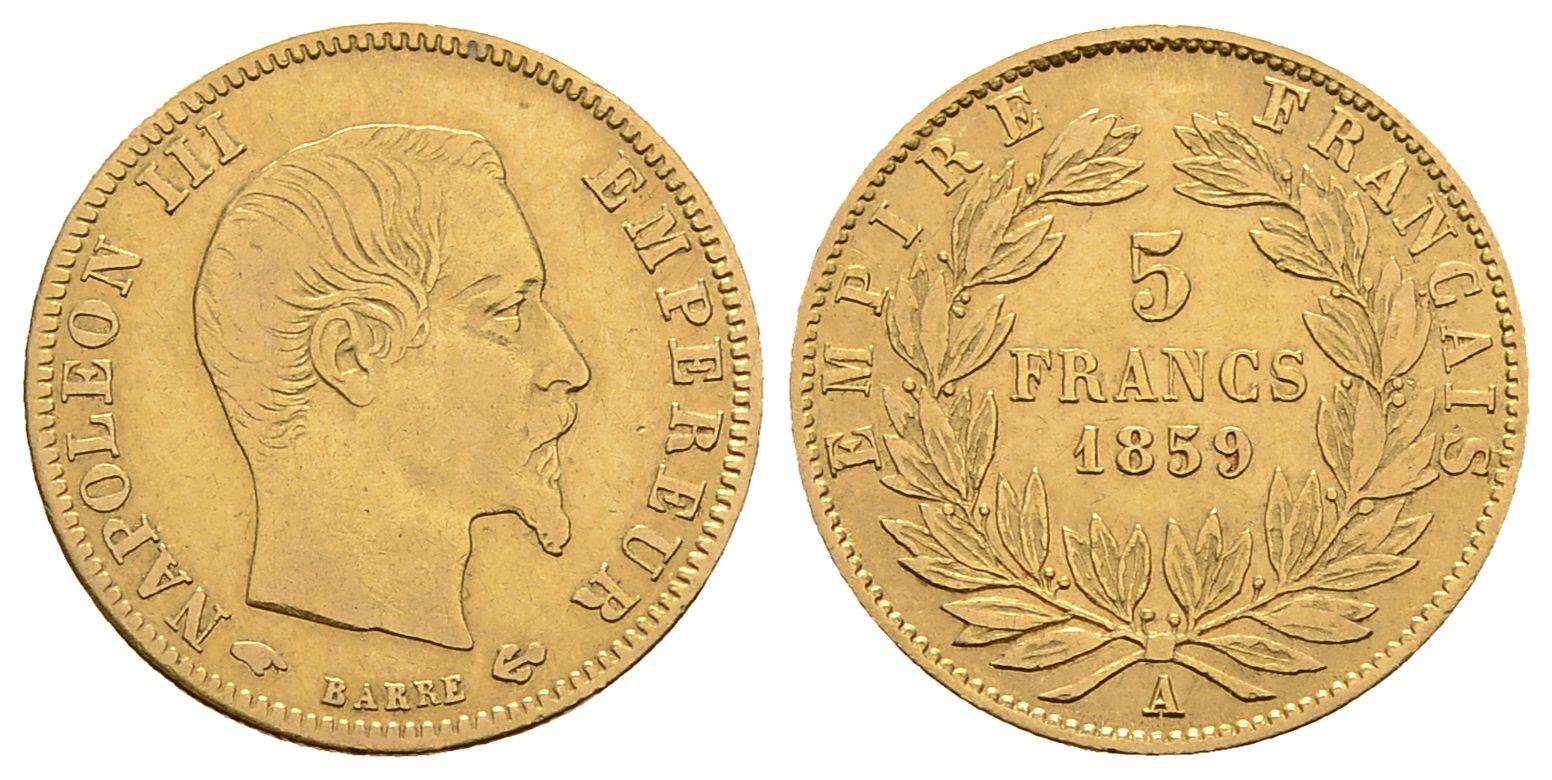 PEUS 3065 Frankreich 1,45 g Feingold. Napoleon III. (1852-1870) 5 Francs GOLD 1859 A Sehr schön