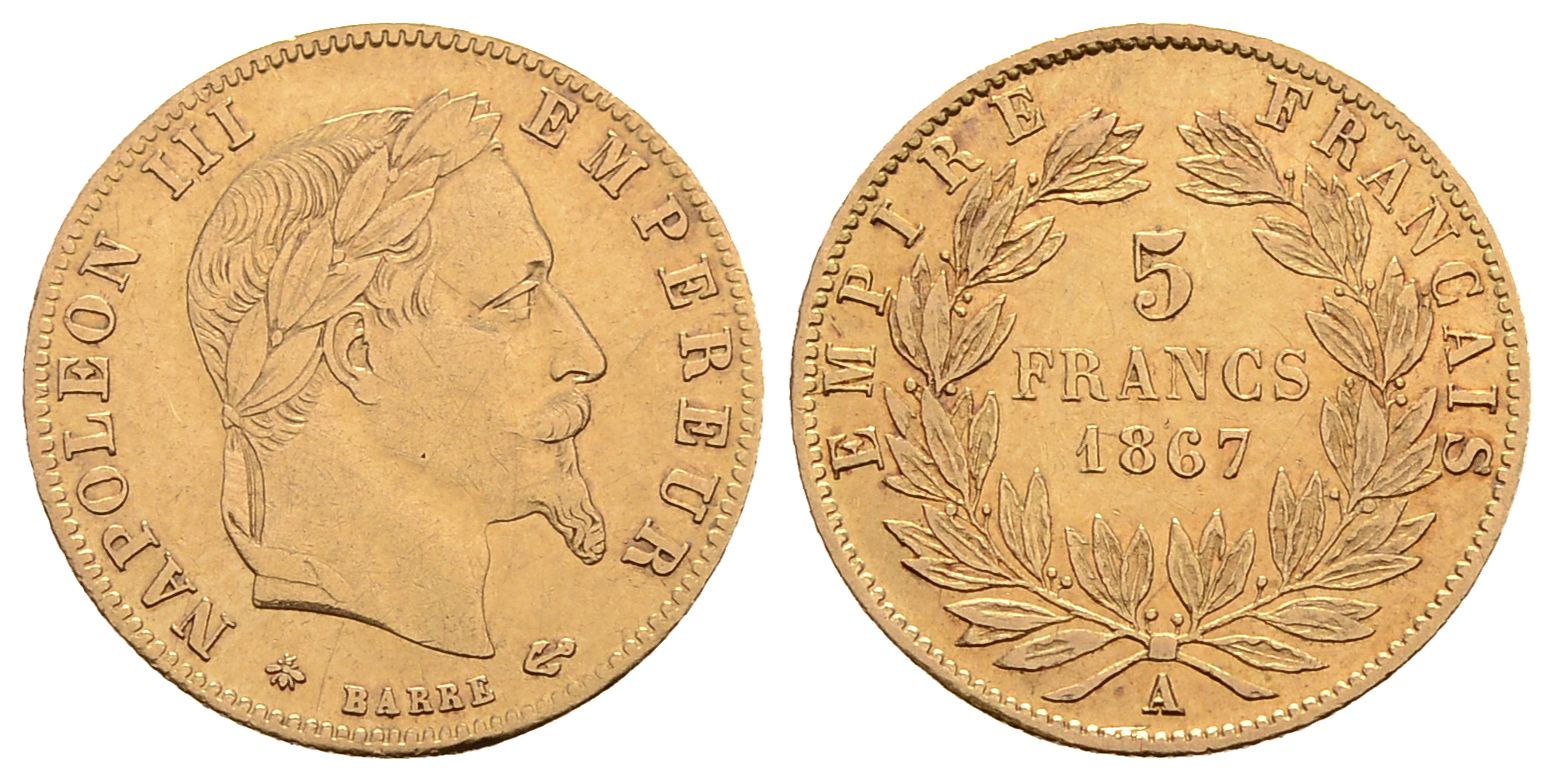 PEUS 3066 Frankreich 1,45 g Feingold. Napoleon III. (1852 - 1870) 5 Francs GOLD 1867 A Sehr schön
