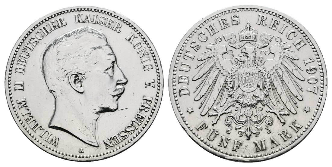  Linnartz KAISERREICH Preussen Wilhelm II. 5 Mark 1907 poliert ss   