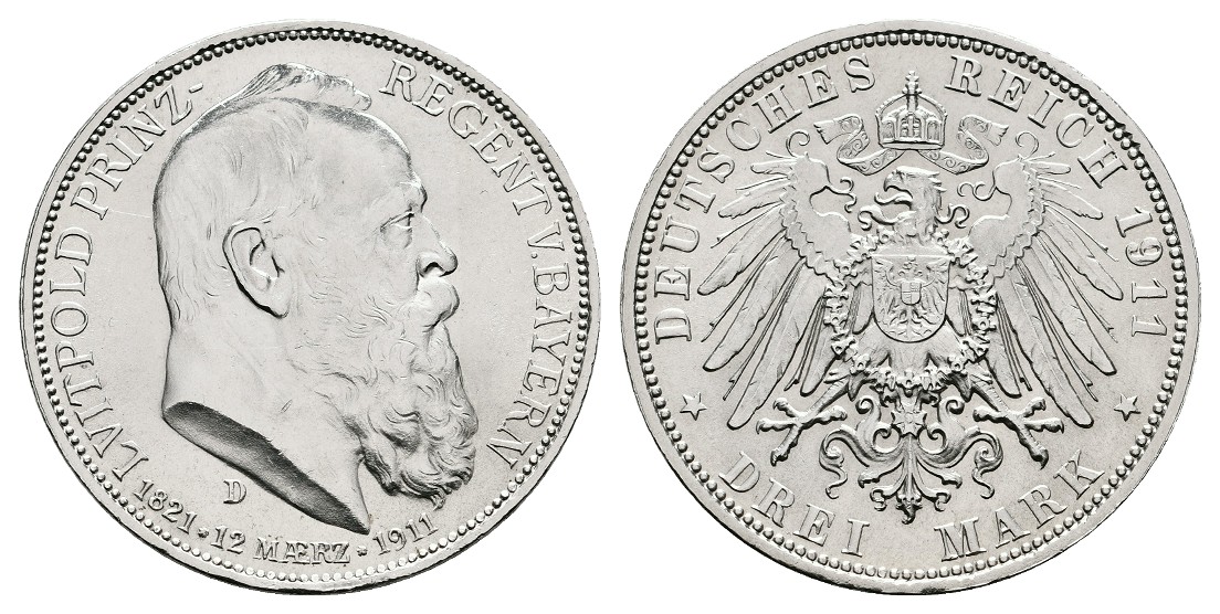  Linnartz KAISERREICH Bayern Leopold 3 Mark 1911 D 90. Geburtstag fast stgl   