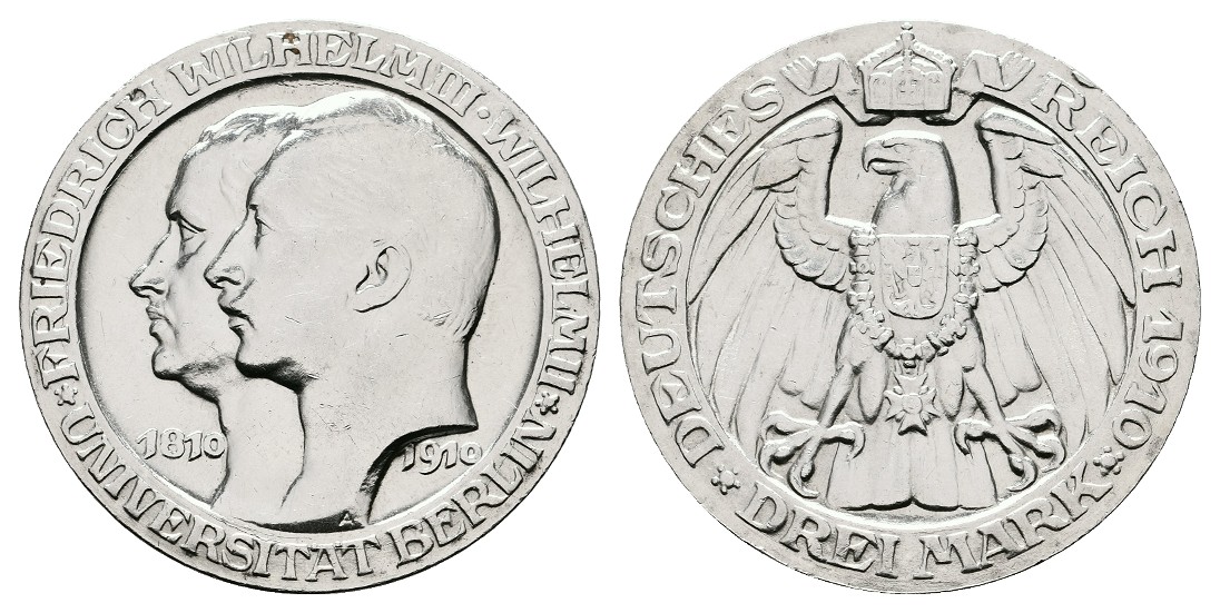  Linnartz KAISERREICH Preussen Wilhelm II. 3 Mark 1910 Uni Berlin kl. Rdf vz   