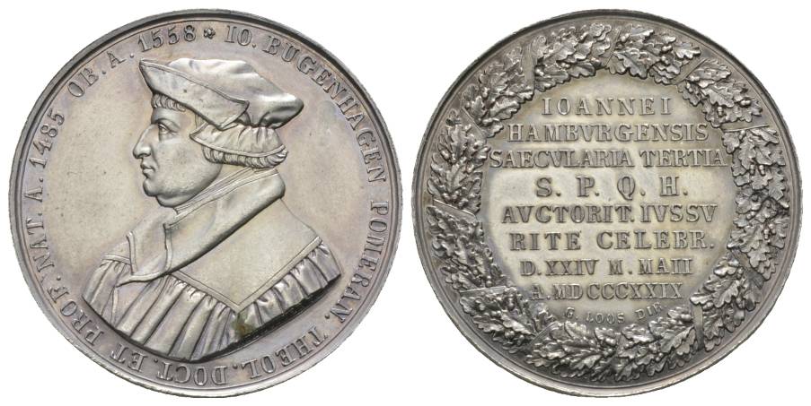  Hamburg, Johannes Burgenhagen 1485-1524; versilberte Medaille, GALVANO; 16,45 g, Ø 35 mm   