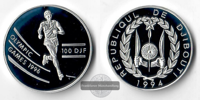  Djibouti 100 Francs  1994 Olympische Spiele '96  FM-Frankfurt  Feingewicht: 29,11g   
