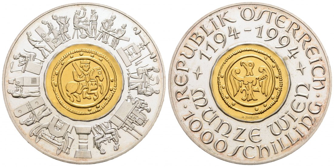 PEUS 3076 Österreich 13 g Feingold + 24 g Feinsilber. 800 Jahre Münze Wien 1000 Schilling GOLD / SILBER 1994 Impaired Proof / Vorzüglich + aus PP
