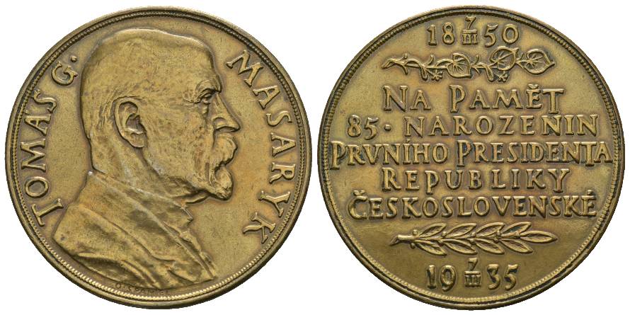  Tschechoslowakei, Tomáš Garrigue Masaryk; vergoldete Medaille 1935; 44,99 g, Ø 50 mm   