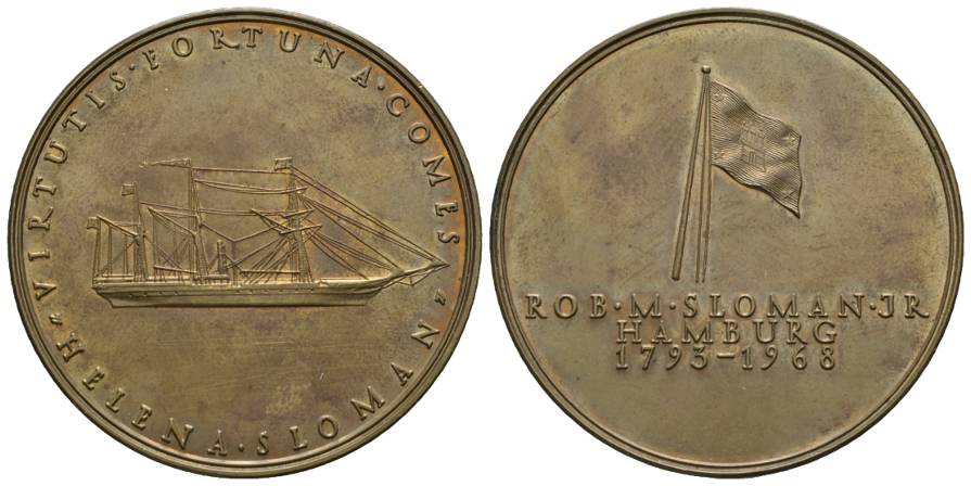  Hamburg, Sloman Jr.Reederei (1793-1968)-Schiff Helena Sloman; Bronzemedaille 1968; 56,38 g, Ø 50 mm   