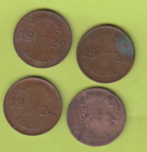 A 010 - Weimar - 1 Pfennig 1924 D , 1929 A , 1929 D vz ungereinigt !!! siehe Scan