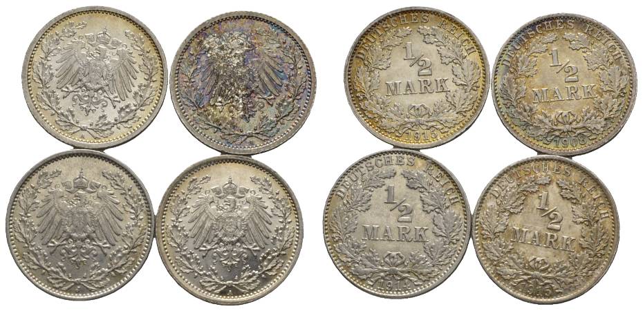  Kaiserreich, 1/2 Mark, J.16 (4 Kleinmünzen 1915/1908/1914/1915)   