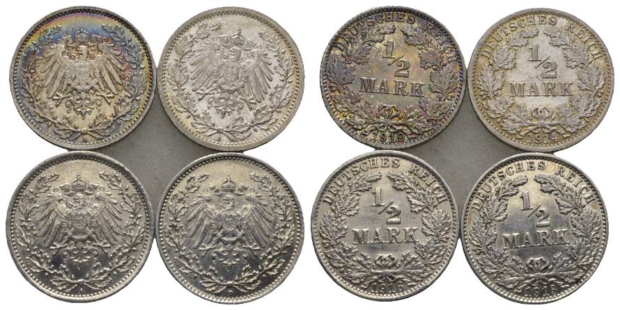  Kaiserreich, 1/2 Mark, J.16 (4 Kleinmünzen 1919/1914/1916/1913)   