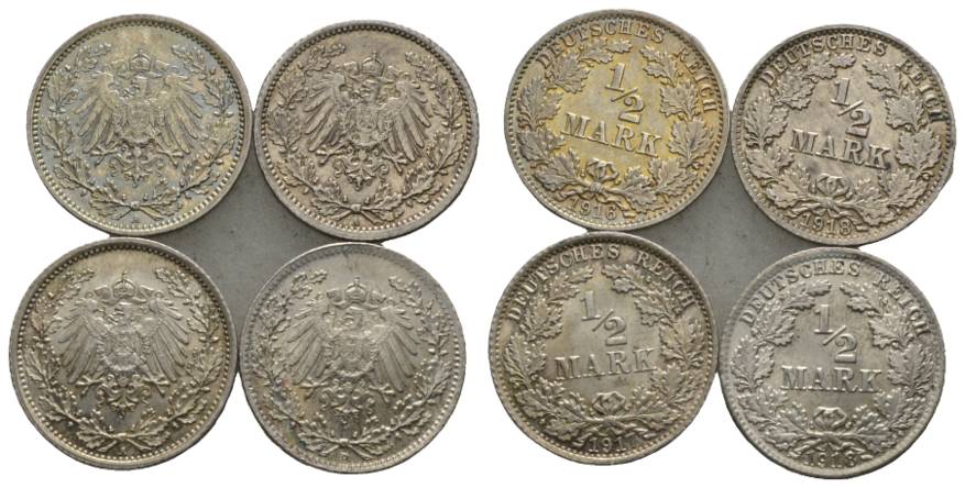  Kaiserreich, 1/2 Mark, J.16 (4 Kleinmünzen 1916/1918/1917/1918)   