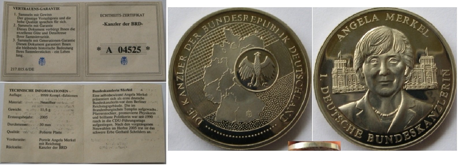  2005, eine Medaille - Portrait  Kanzler der BRD Angela Merkel mit Reichstag   