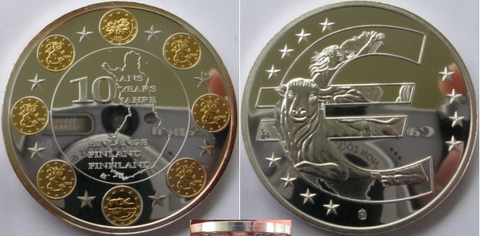  2011, eine Gedenkmedaille  „10 Jahre Finnland in der Eurozone”,  teilvergoldet   