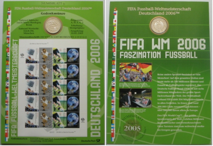  2005, Deutschland, „Fussball WM 2006” Numisblatt  mit 10 Euro Silber-Gedenkmünze   