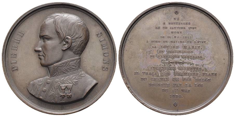  Belgien - Bronzemedaille 1834 - PIERRE SIMONS Eisenbahn Ingenieur; 47,94 g, Ø 50 mm   