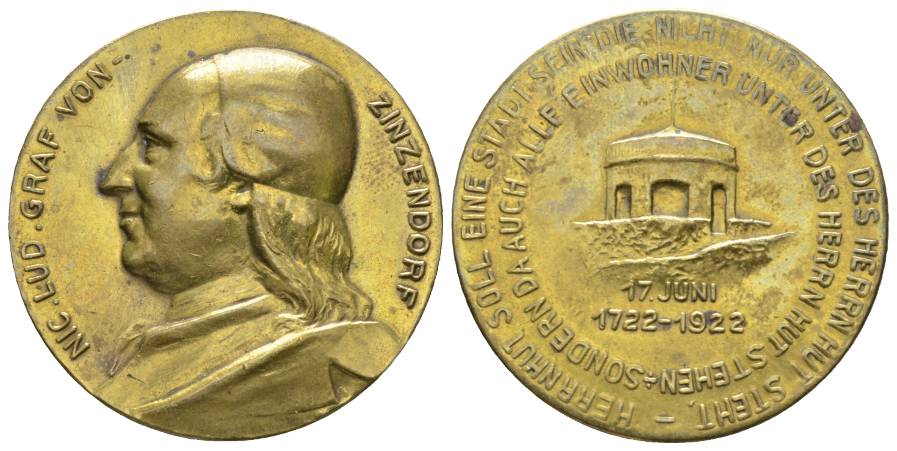  Sachsen - Herrnhut Nic. Lud. Graf von-Zinzendorf - Medaille 1922; Messing, 31,89 g, Ø 40 mm   