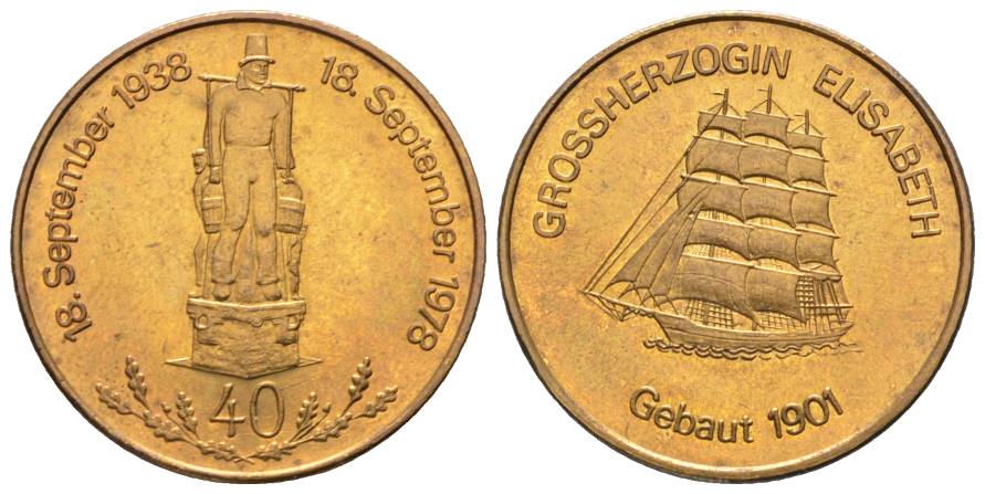  Medaille 1978 - auf das Segelschiff Großherzogin Elisabeth; Eisen verkupfert, 17,15 g, Ø 35 mm   