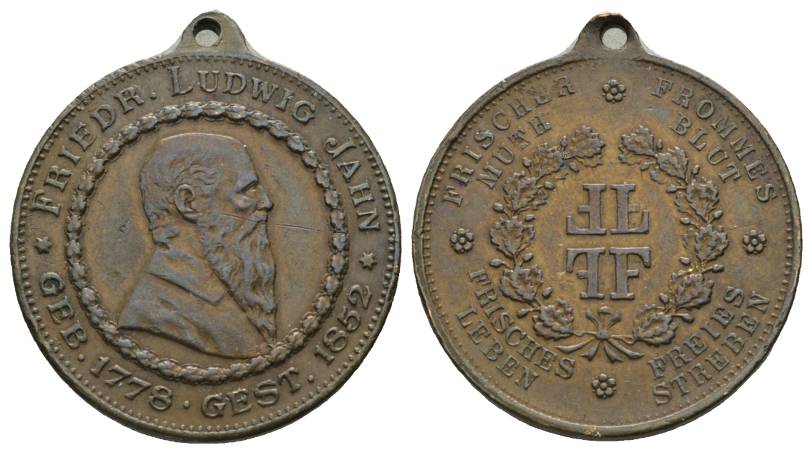  Jahn, Friedrich Ludwig - Bronzemedaille o.J.; tragbar, 15,58 g, Ø 30 mm   