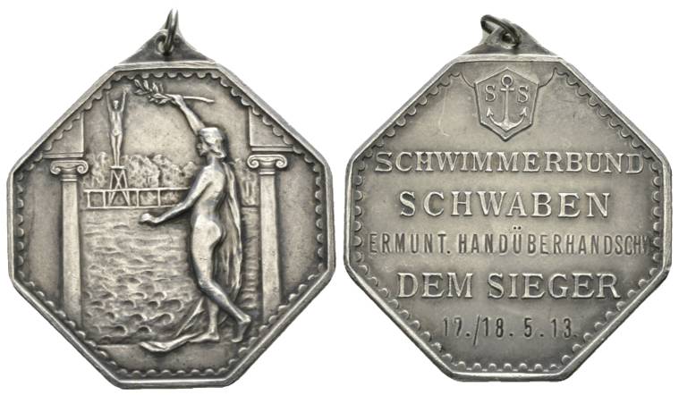  Silbermedaille 1913 - Schwimmerbund Schwaben; tragbar, 990 AG, 20,14 g, 35 x 35 mm   