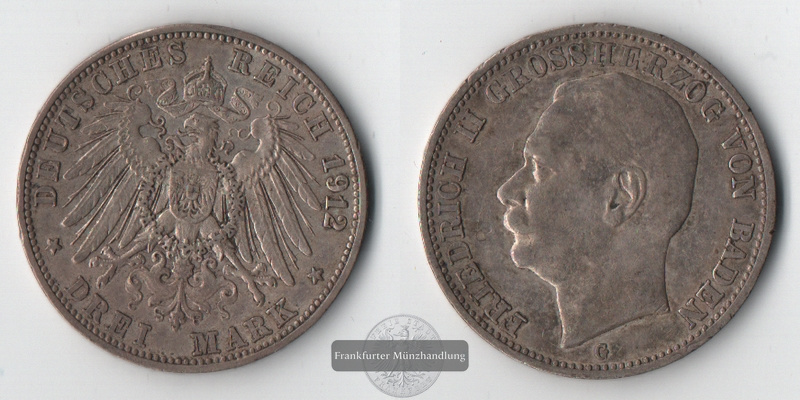  Baden, Kaiserreich  3 Mark  1912 G Friedrich II. 1907-1918   FM-Frankfurt    Feinsilber: 15g   