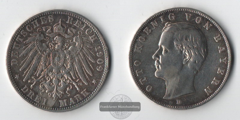  Bayern, Kaiserreich  3 Mark  1909 D  Otto 1886-1913     FM-Frankfurt   Feinsilber: 15g   