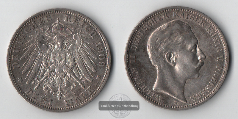  Preussen, Kaiserreich  3 Mark  1909 A  Wilhelm II. 1888-1918    FM-Frankfurt   Feinsilber: 15g   