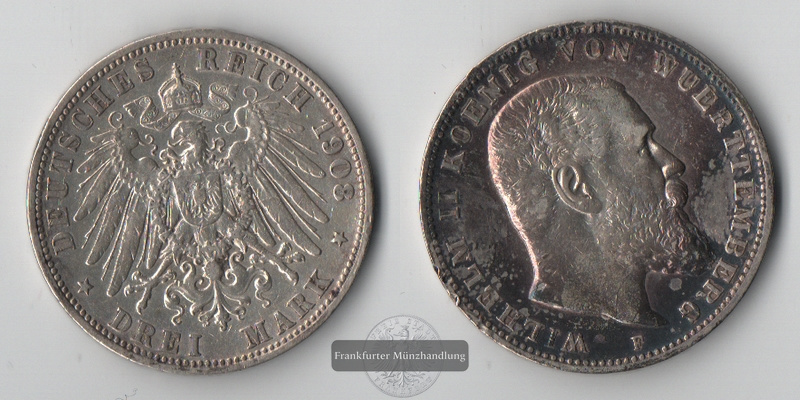  Württemberg, Kaiserreich  3 Mark  1908 F   Wilhelm II. 1891-1918  FM-Frankfurt   Feinsilber: 15g   