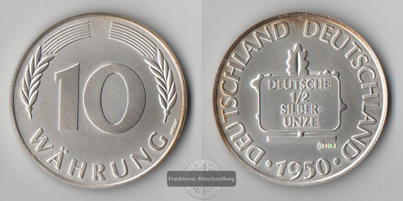  BRD  10 Pfennig 1950    Deutsche halbe Silber-Unze   FM-Frankfurt    Feinsilber: 15,5g   
