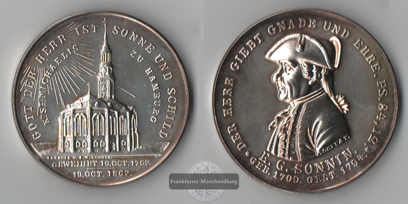  Medaille Hamburg Sonnin (1709-1794) - St. Michaeliskirche FM-Frankfurt Feinsilber: 49,5g   